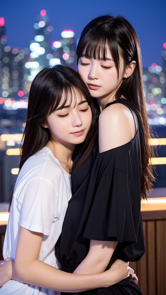 Best quality, high resolution, two girls, heads together, hug, eyes closed, 20 years old, Japanese, beautiful, pretty face, cute face, night cityscape, Short sleeve
