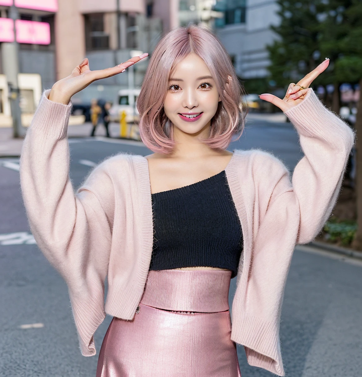 Short Hair, Shiny Hair, pink hair, Bell Sleeve Sweater, Maxi Skirt, Giddy Smile, Full Body Shot, Put Index Finger on Mouth, Street, 