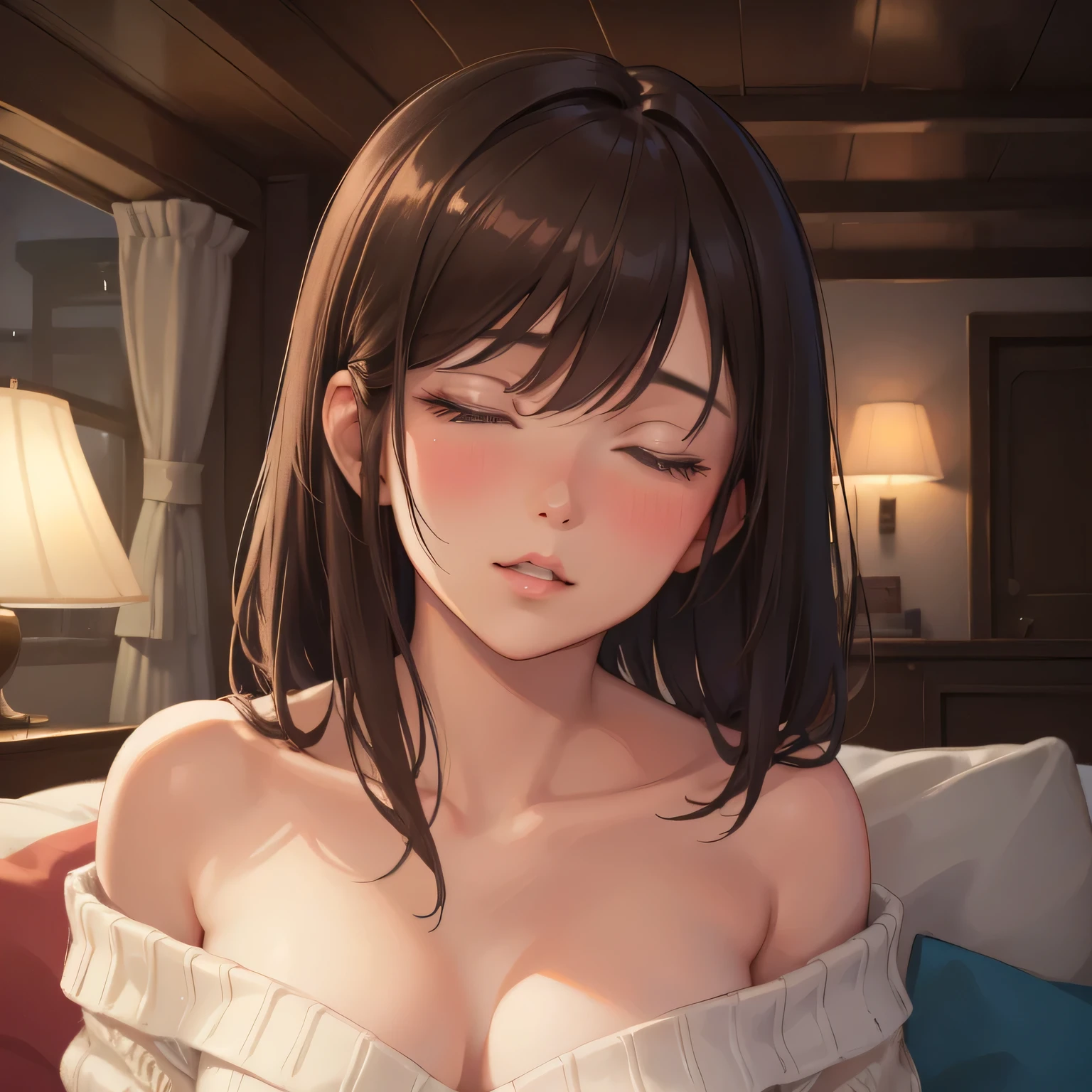 (best quality,4k,8k,highres,masterpiece:1.2),ultra-detailed,(realistic,photorealistic,photo-realistic:1.37),amazing portrait,sexy,cute woman,best friend's sister,alone at home,late night gaming session,brown hair,short bob style soft eyes,parted lips,deep blush,off shoulder,oversized grey sweater,sitting on couch,night time,raining outside,warm inside