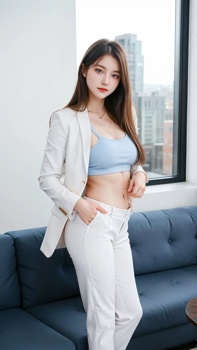 Gorgeus Girl, Beautiful, Baby Face, 20 Years Old, White Skin, Beside, Sexy Pose, business suits, Blue Eye, Muscles, Bokeh, Modern living room Background, Masterpiece, Fullbody Shot, woman trousers, blazers