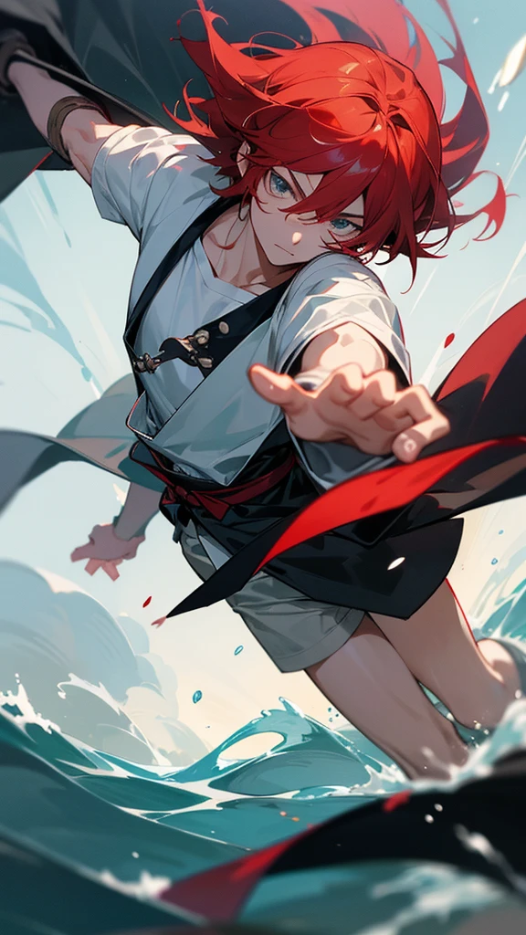 a dashing male anime character with a thin face, handsome, charismatic "shanks" in the "one pice" series wearing a white shirt, short trousers, with a straw hat. as well as three claw scars on the left eye, and holding a pirate katana, and black robes, red hair, gray shorts reaching down to his knees, with HD resolution, 4k anime with a forest and water background, falling rain. wet.