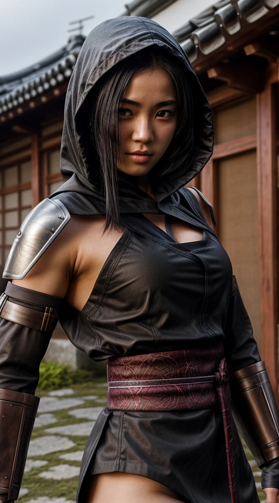 female shinobi with shoulder armor, asian, long black hair, brown eyes, hooded, fishnets, ninja garb, sakura background, japan