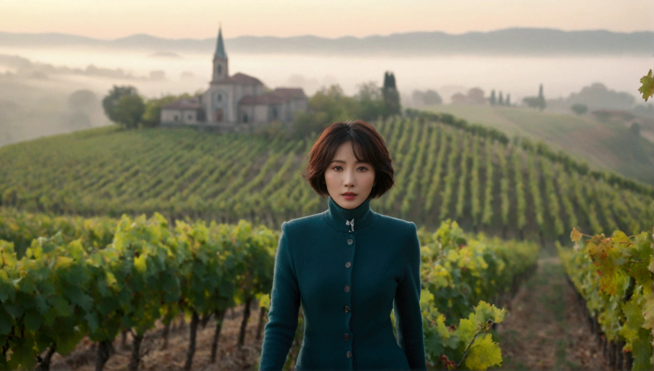 beautiful scenery, 8K Top Quality, 1 woman, Beautiful 36-year-old Korean woman, Chest size 34 inches, italian countryside dawn, Passing through the vineyards, the cathedral can be seen in the distance in the thick fog.., The background is realistic and vivid quality.., short medium bob hair, Casual French Coat Thin Turtleneck , Perfect and realistic photos, The background is realistic... Full body shot with Canon camera 16-35 wide angle lens, expressionless, Looking down on the vineyards from a vineyard hill shrouded in thick fog,, Walking towards the front camera