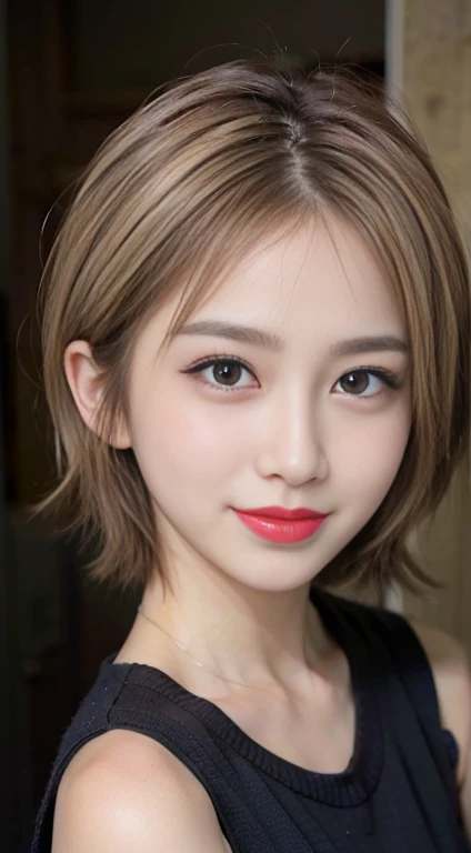 blush a little and smile, (Top quality masterpiece:1.2) Delicate illustrations, Very detailed, /Beautiful Japanese Women、1 person,Very cute and slim、Great style 、((8K images、super high quality))、Very delicate face, Skin and Hair、beautifule forehead、Red lipstick、(((((short hair、Blonde、lure))))),Very cute Japanese cut face、Eyes and nose are clearly visible、Kind eyes,((((Sleeveless fashion))))