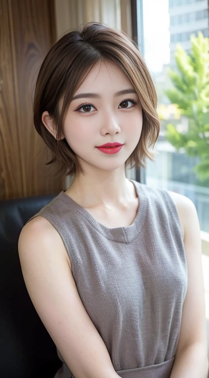 blush a little and smile, (Top quality masterpiece:1.2) Delicate illustrations, Very detailed, /Beautiful Japanese Women、1 person,Very cute and slim、Great style 、((8K images、super high quality))、Very delicate face, Skin and Hair、beautifule forehead、Red lipstick、(((((short hair、Blonde、lure))))),Very cute Japanese cut face、Eyes and nose are clearly visible、Kind eyes,((((Sleeveless fashion))))