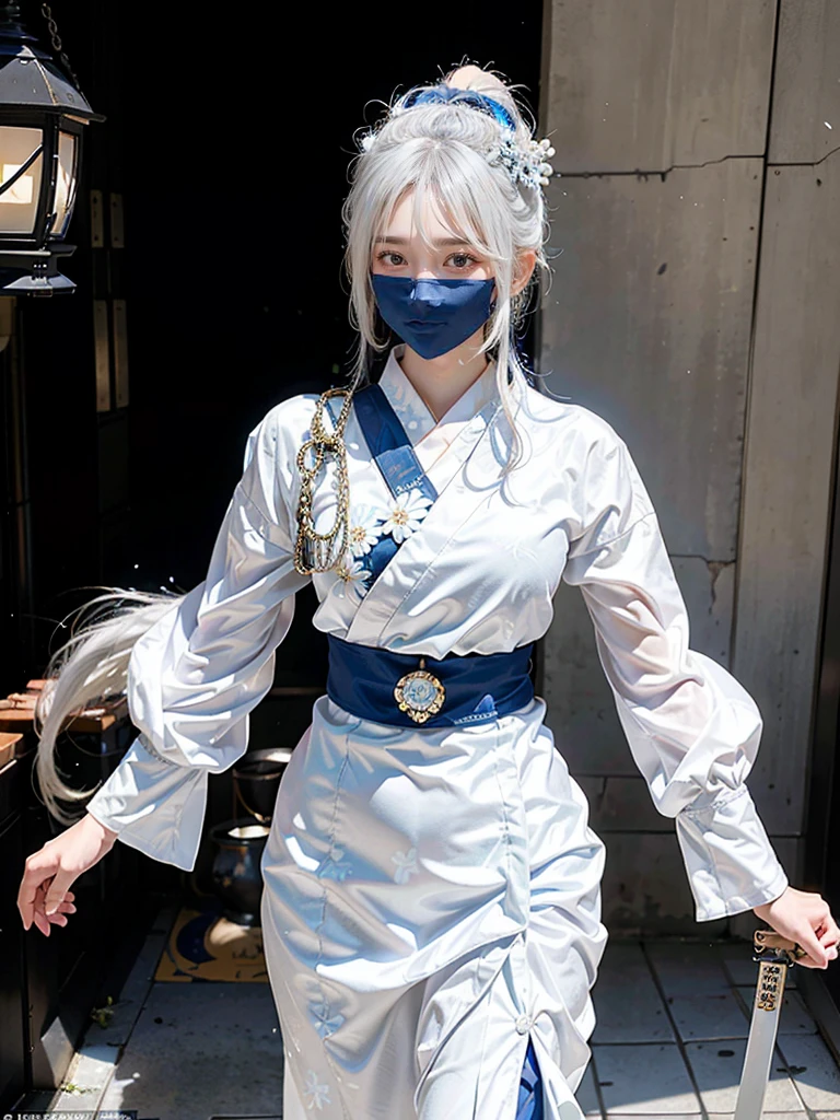 A transcendent beautiful girl with white hair and blue eyes、Standing dressed as a Japan samurai。Its white hair flutters in the wind、Blue eyes have a piercing gaze。She wears traditional samurai attire.、The bright kimono and helmet accentuate its stateliness.。The helmet is decorated with silver ornaments.、I carry a sword。She has the spirit of bushido.、It expresses elegance and strength at the same time。Her presence is、Symbolizing the pride and beauty of the samurai、It makes you feel the fusion of history and modernity。