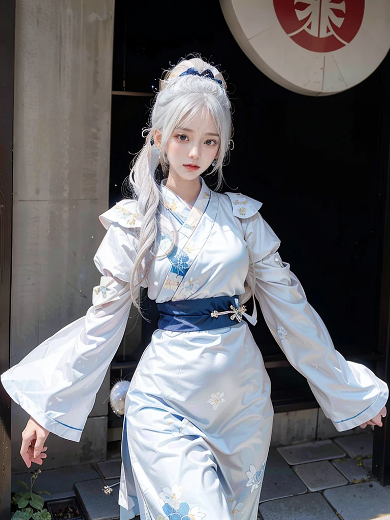 A transcendent beautiful girl with white hair and blue eyes、Standing dressed as a Japan samurai。Its white hair flutters in the wind、Blue eyes have a piercing gaze。She wears traditional samurai attire.、The bright kimono and helmet accentuate its stateliness.。The helmet is decorated with silver ornaments.、I carry a sword。She has the spirit of bushido.、It expresses elegance and strength at the same time。Her presence is、Symbolizing the pride and beauty of the samurai、It makes you feel the fusion of history and modernity。