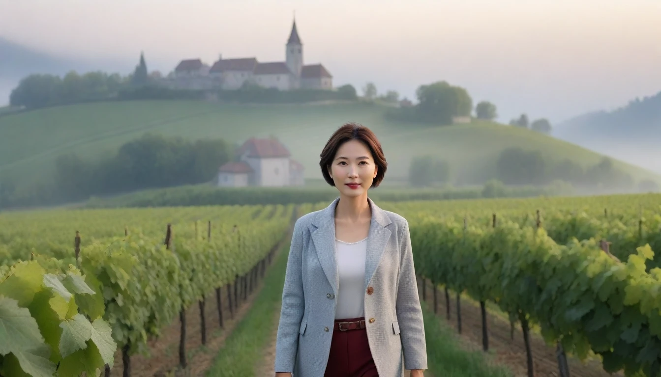 Beautiful Scenery 8K Top Quality Woman, Beautiful 36-year-old Korean woman, Chest size 34 inches, Passing through vineyards in the Swiss countryside, The cathedral is visible in the early morning fog., The background is realistic and vivid quality.., short medium hair, Casual and British - (summer jacket) ,Perfect and realistic photos, The background is realistic... Full body shot with Canon camera 16-35 wide angle lens, expressionless, On a vineyard hill covered in thick fog., Walking towards the front camera