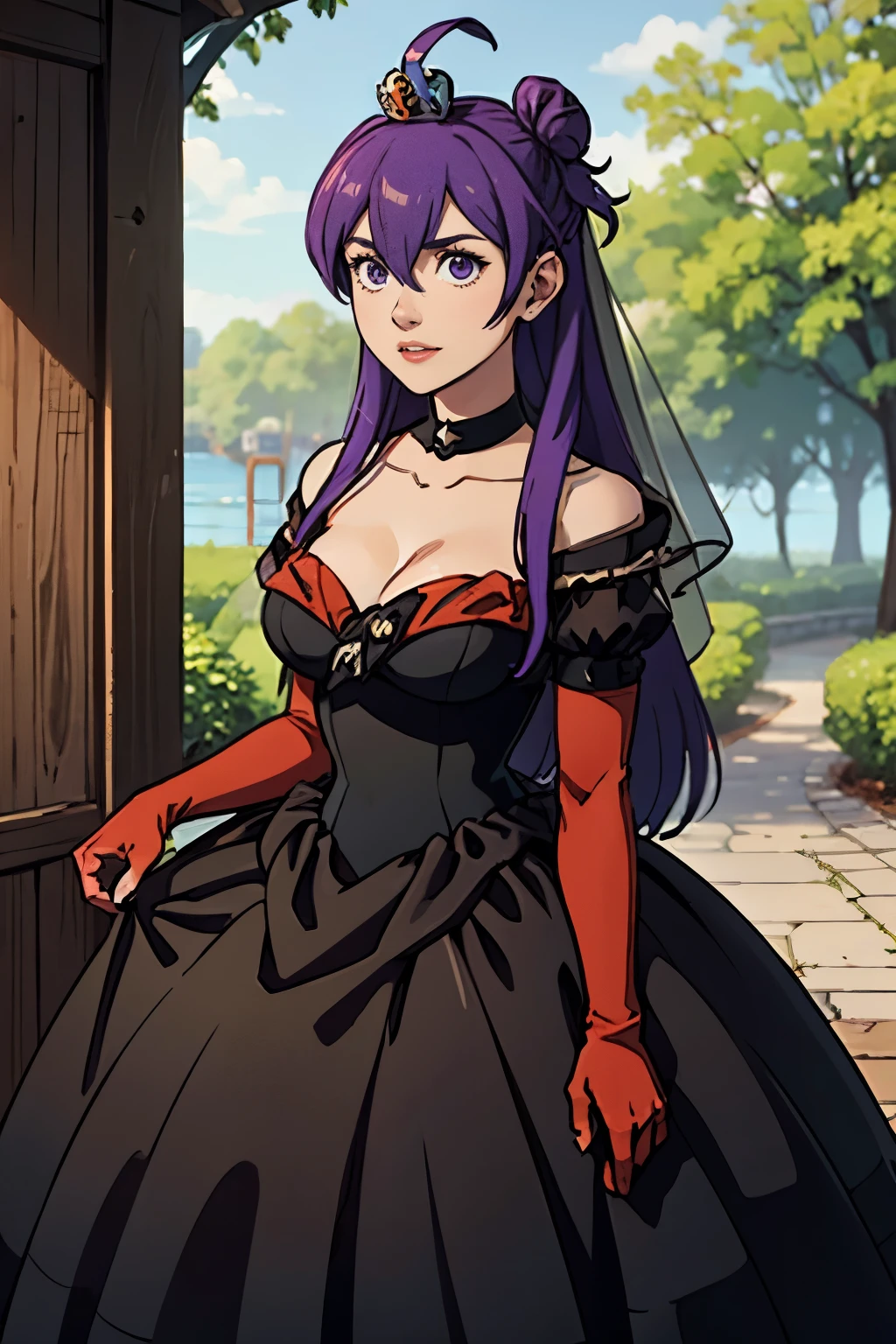 Shez FE, hair between eyes, ahoge, blonde hair, star \(symbol\), hair ornament, ruffled tulle dress, cleavage, bare shoulders, collarbone, long black elbow gloves, black gloves, black dress, black choker, strapless, tiara, veil, strapless dress, princess dress, veil, beautiful woman, perfect body, perfect breasts, wearing a princess dress, ball gown, in the park trees, wedding decorations, a warm smile, realism, masterpiece, textured skin, super detail, high detail, high quality, best quality, 1080p, 16k, purple hair