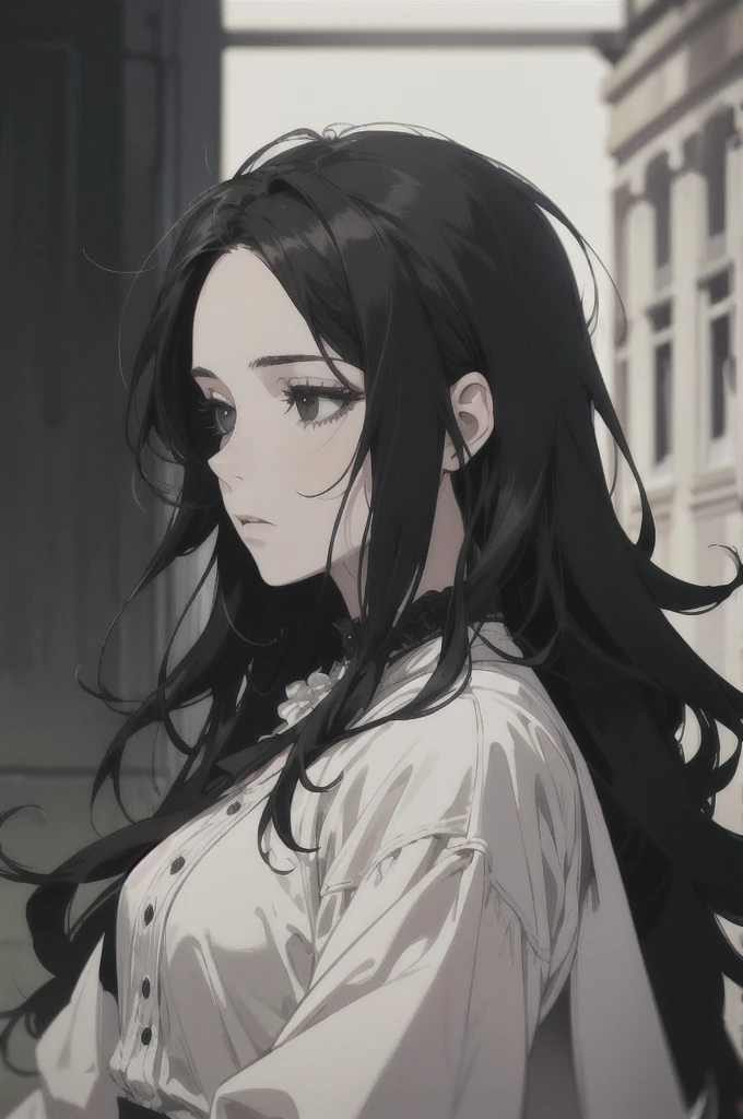 midjourney, ((best quality)), ((masterpiece)), (detailed), perfect face, male and female wearing gothic dark academia clothes., beautiful male, young, and beautiful female. Face not visible, from behind view. ((black hair, messy long hair)), ((black eyes)), depth of field, pale white skin, white dress, dark circles under eyes, tired expression, vivid colors.