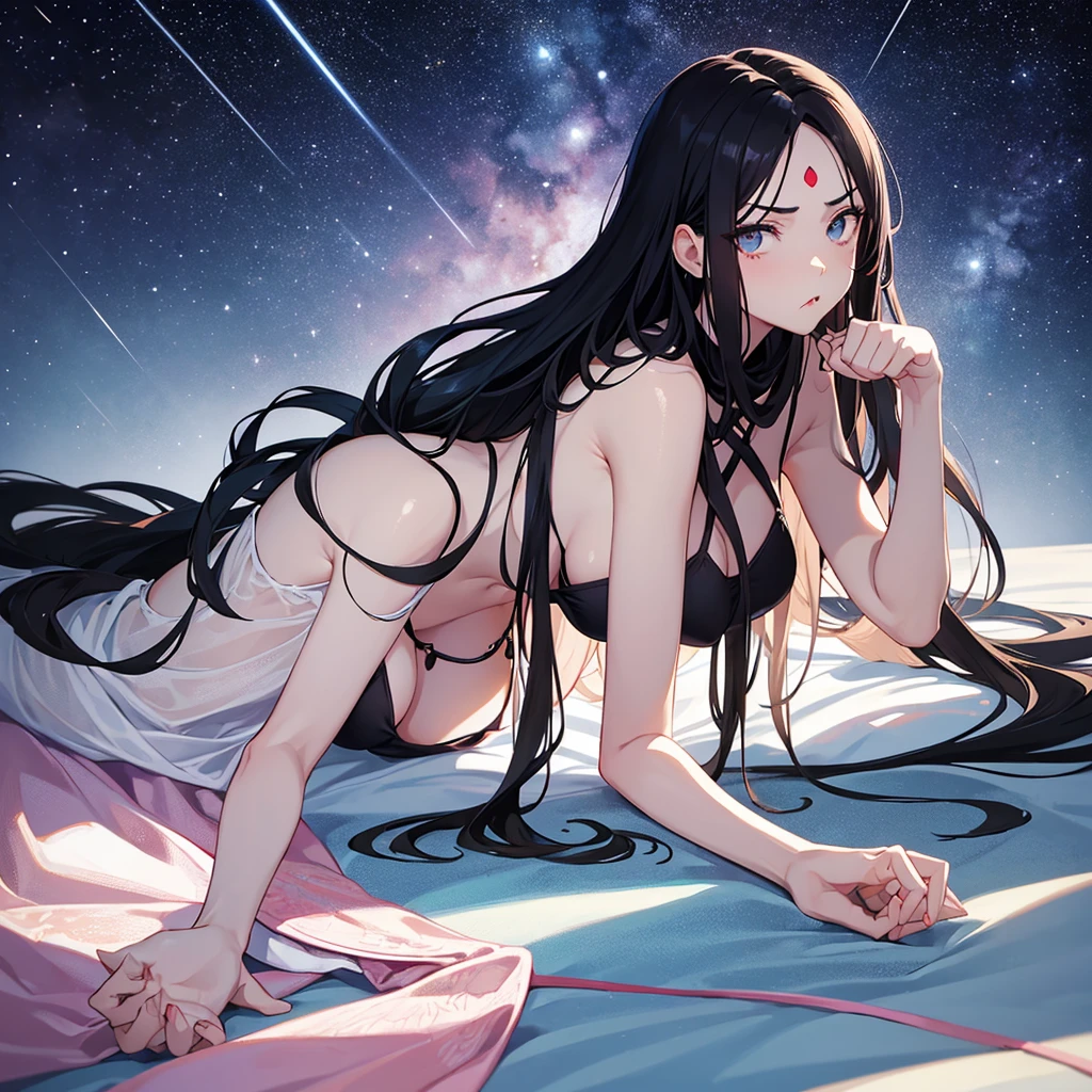 from front,upper body,look at viewer,claw pose,leaning forward,lie on bed,surprised,slender,fair skin,straight hair,long hair,forehead,black hair,Pouting mouth,big breasts,under boob,,,bare arms,hand between legs,lidoor,starry sky,focus on breasts,