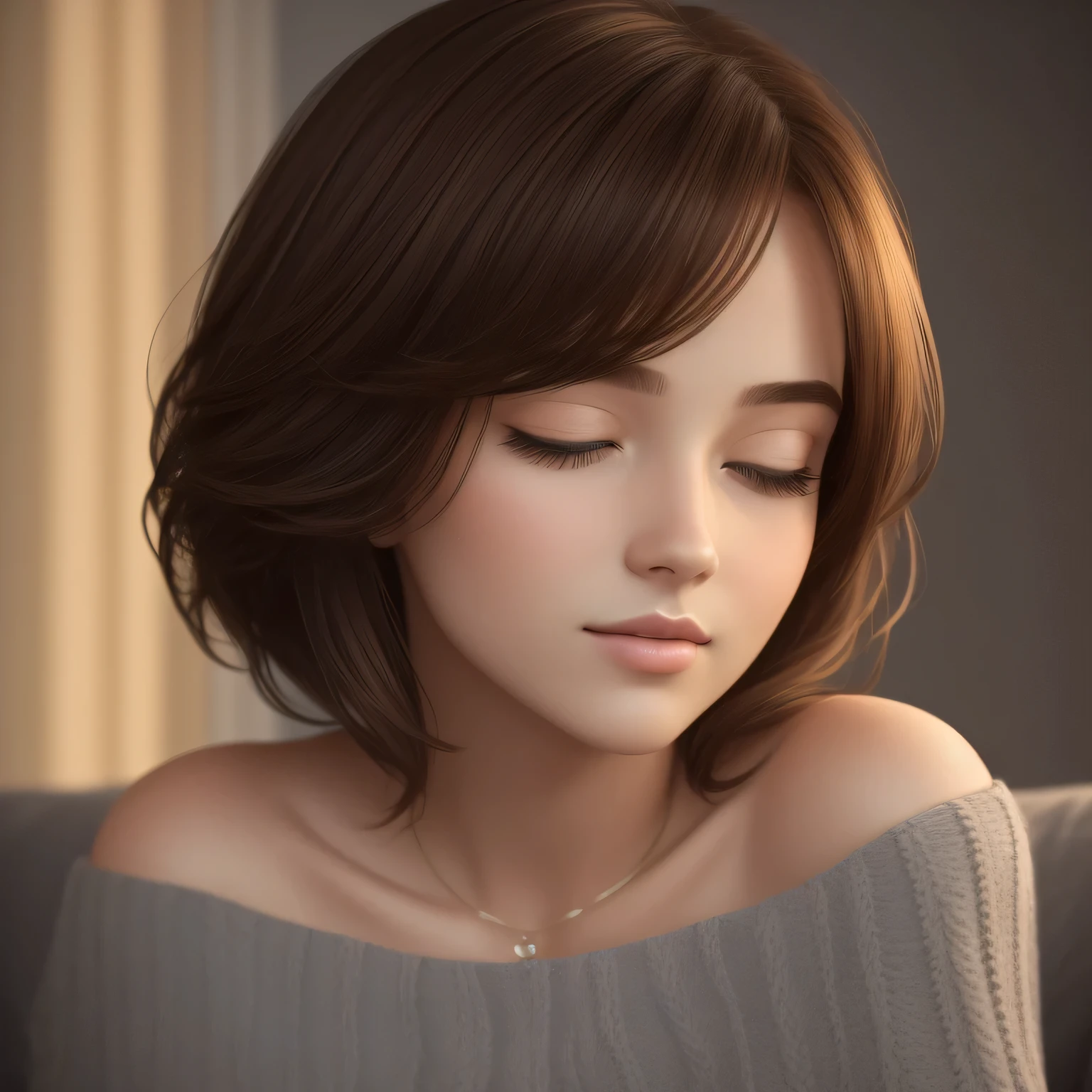 (best quality,4k,8k,highres,masterpiece:1.2),ultra-detailed,(realistic,photorealistic,photo-realistic:1.37),amazing portrait,sexy,cute woman,best friend's sister,alone at home,late night gaming session,brown hair,short bob style soft eyes,parted lips,deep blush,off shoulder,oversized grey sweater,sitting on couch,night time,raining outside,warm inside