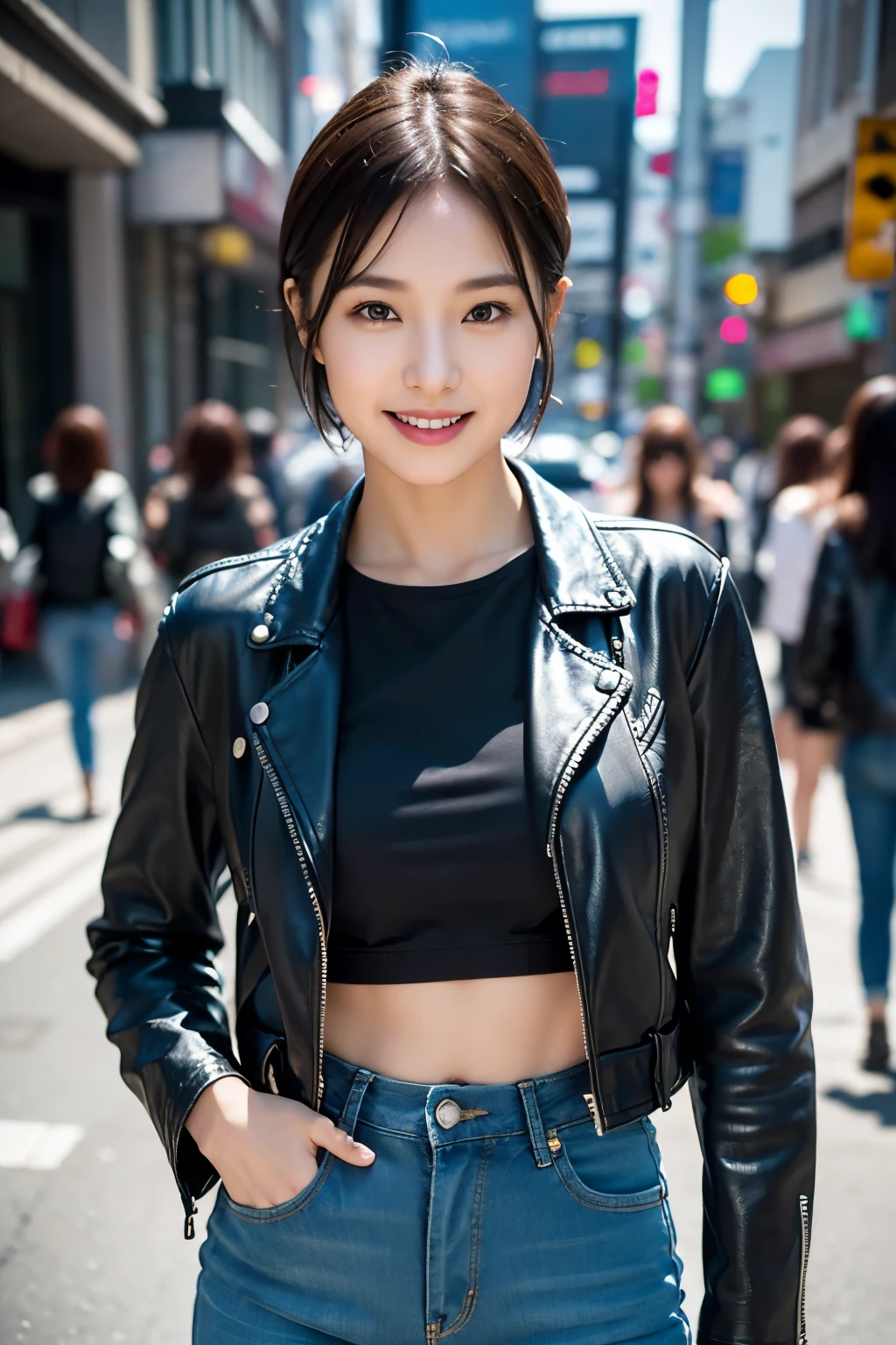 The beauty of 8K raw photos:2.0, Japanese woman, short hair, beautiful face and dark eyes, looking down, looking at the viewer:1.5, big smile, wet hair, tiny top, (denim pants and leather jacket:1.2), shinny skin, open wide legs, realistic:1.9, very detailed, full body shot:1.2, High resolution RAW color photos, professional photos, Taken at the urban city street, girl sexy portrait