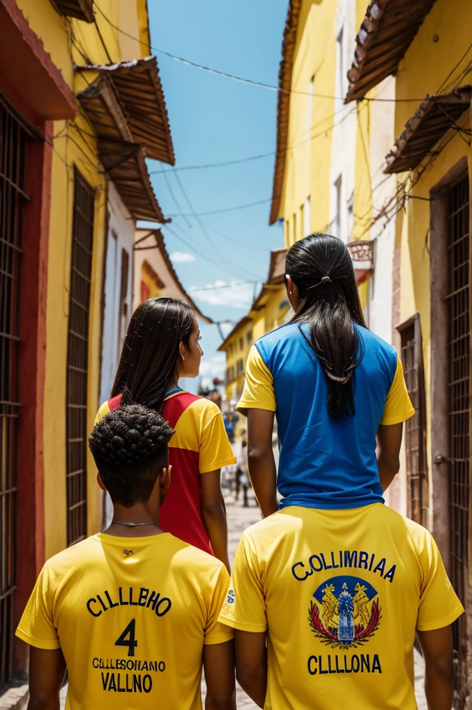 Two women with long hair from behind wearing yellow Colombia t-shirts , blue and red one with name" Mildred* and the other with a name "Deysi "
And two men with their backs to them wearing Colombian t-shirts with yellow, blue and red colors, one with a name. "Breynner" and another with a name "Daniel*
in 3d animated cartoon and smoke of yellow blue and red colors in the background a flag of colombia,