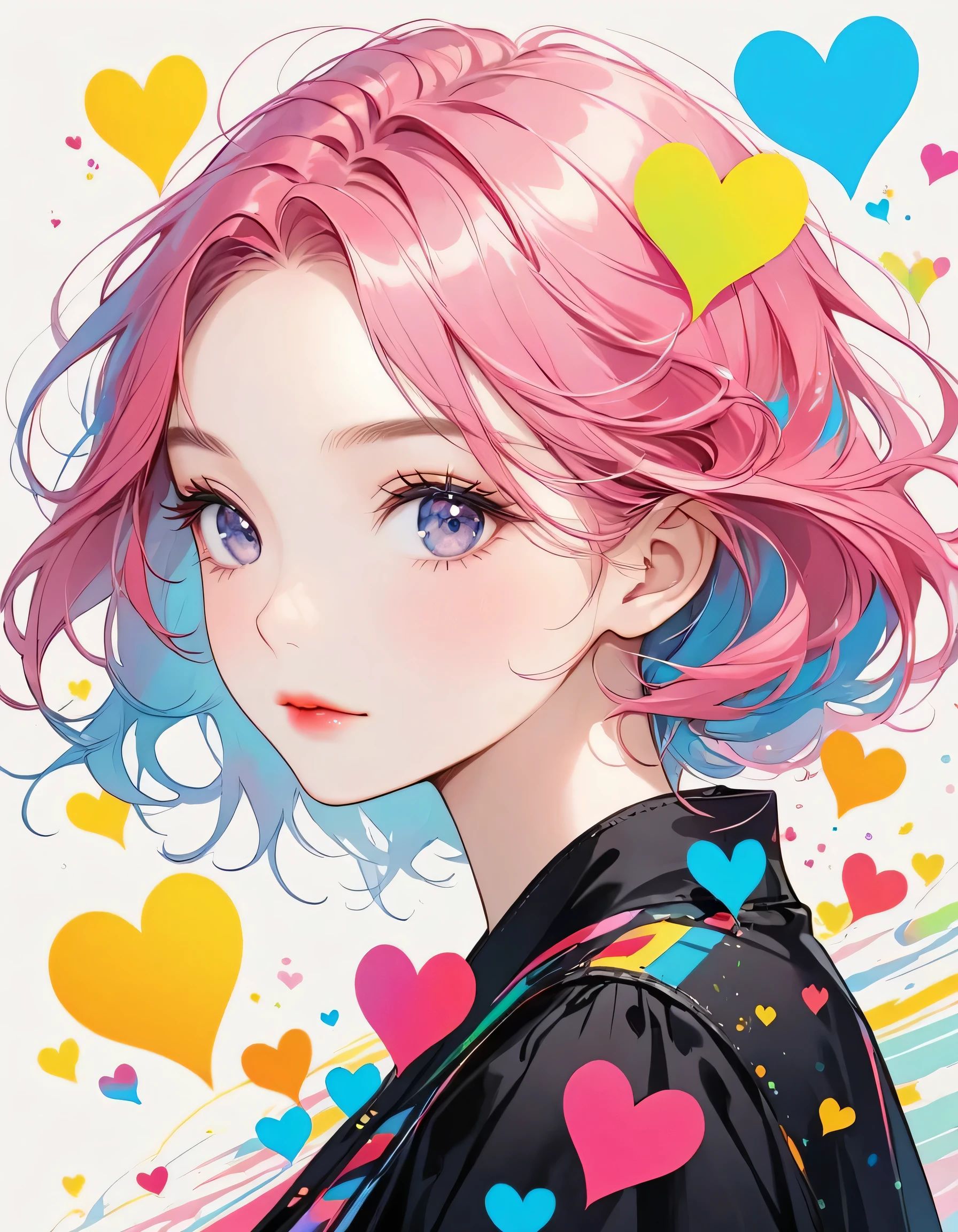 Black Star Pink and White style, Simple Line Initialism,Abstract art,Urban Background, (((The most beautiful girl of all time))), Sweet face. Lips in love, colorful hearts, stylish design