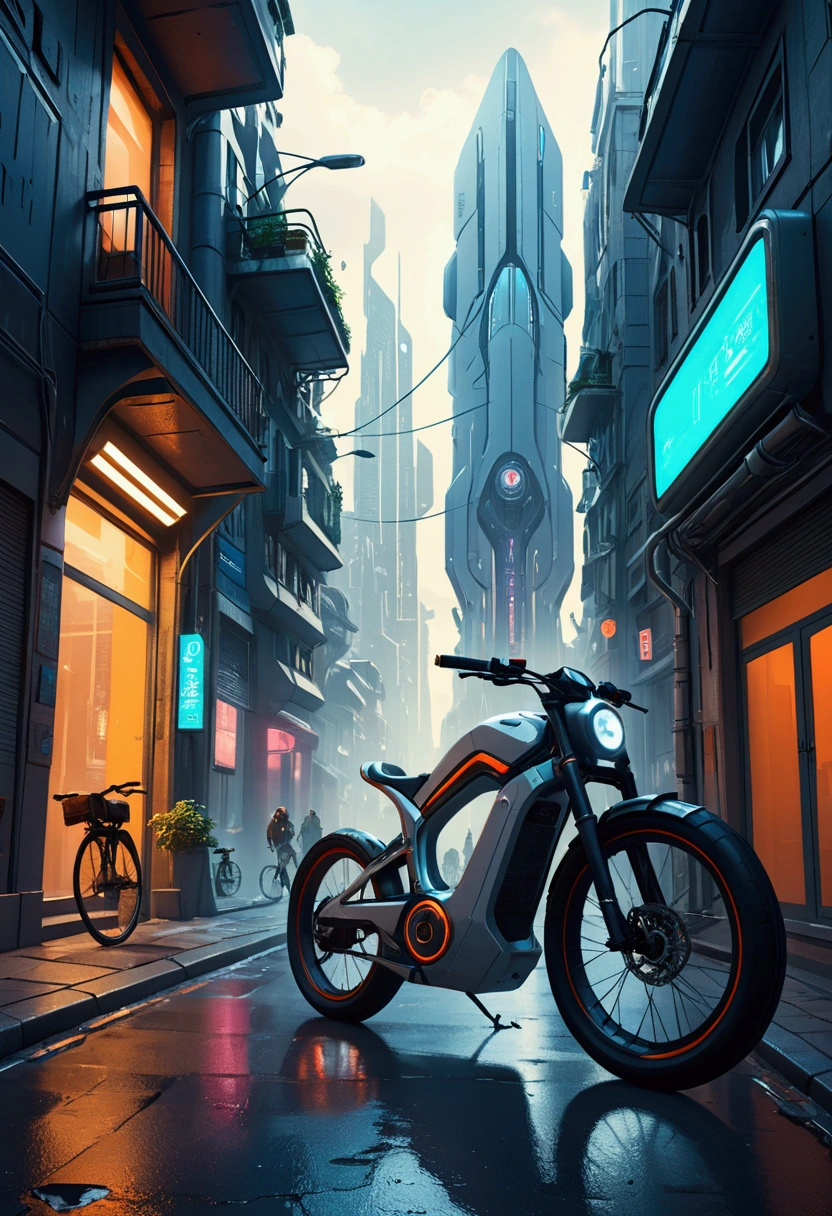 bike in a futuristic city in the midle of the street