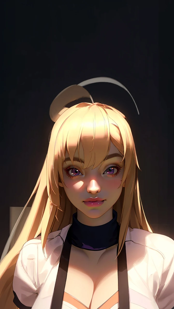 a beautiful young quarter japanese girl with long purple hair, short bangs, and a side part, smiling confidently in a track and field uniform outdoors, athletic and fit with a medium-sized bust, (best quality,4k,8k,highres,masterpiece:1.2),ultra-detailed,(realistic,photorealistic,photo-realistic:1.37),extremely detailed eyes and face,longeyelashes,beautiful detailed eyes,beautiful detailed lips,1girl,medium,sports,running shorts,proud,overconfident,cleavage