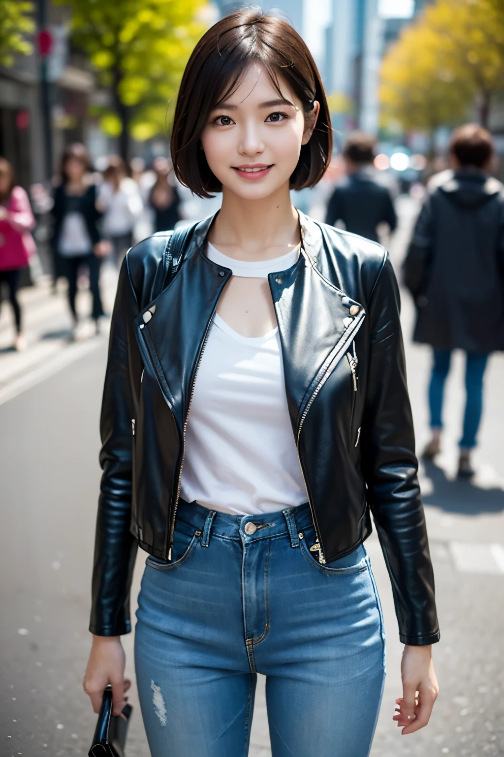 The beauty of 8K raw photos:2.0, Japanese woman, short hair, beautiful face and dark eyes, looking down, looking at the viewer:1.5, big smile, wet hair, tiny top, (denim pants and leather jacke), shinny skin, open wide legs, realistic:1.9, very detailed, full body shot:1.2, High resolution RAW color photos, professional photos, Taken at the urban city street, girl sexy portrait