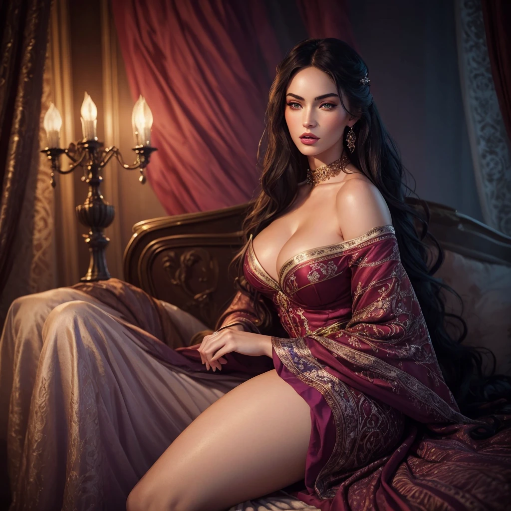 An 1800s theme cinematic photo of an enchanting and alluring woman, resembling Megan Fox, who exquisitely beautiful, in high-contrast, warm-toned digital photography, capturing the subtle dance of light on her porcelain skin. Her delicate features are rendered in lifelike precision, from the whisper-thin eyelashes to the full, rosy lips, against a backdrop of soft, gradient blues and purples, evoking a mystical, dreamlike atmosphere. Vibrant crimson accents adorn her luxurious, flowing attire, imbuing the scene with a sense of opulence and mystique, as her piercing emerald gaze beckons the viewer into her intimate, mystical realm.