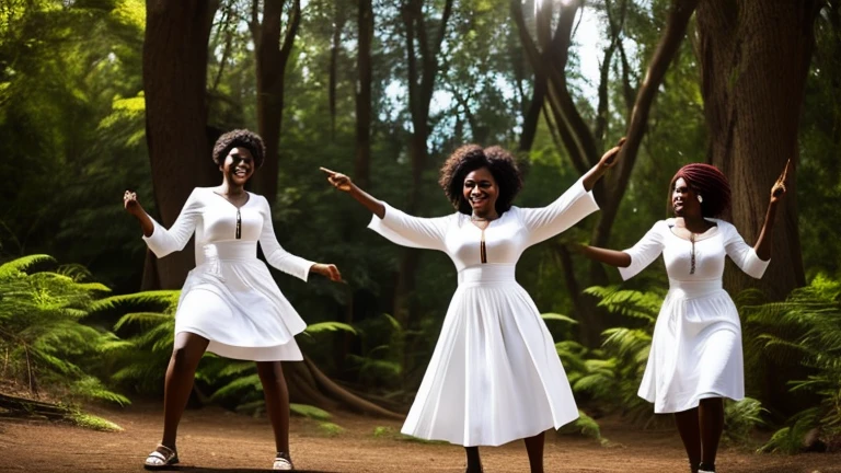 African women dancing in the forest wearing white clothes, African women, white clothes