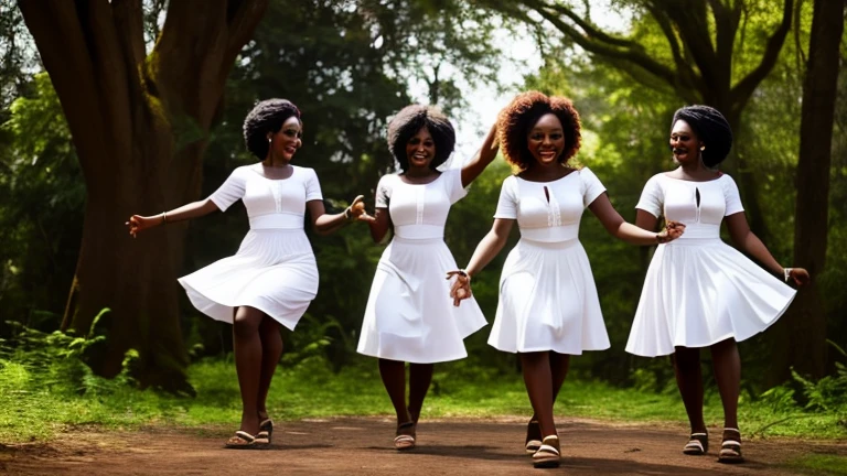 African women dancing in the forest wearing white clothes, African women, white clothes