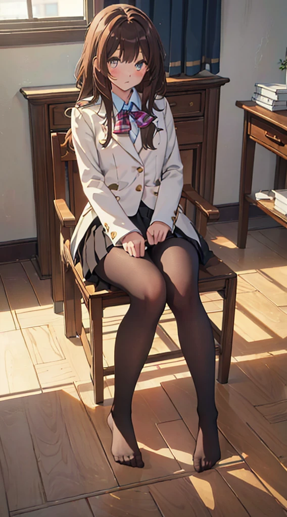 Top quality, masterpiece, High resolution, (Head to toe full body), front, frontやや下からの構図, Symmetric, Tall 18 year old girl, alone, (Head to toe), (Small breasts), bangs, (black tights), (Black Pantyhose), (Sit with your legs apart), (Crouching pose), (A composition showing white panties), (Her legs were spread、I see your white pants.), (I was made to sit on the floor with my legs spread..), (M-shaped legs), Thin legs, A very beautiful and tall 18 year old girl, (No shoes), blush, Shy big eyes, looking at the camera, Blazer Uniform, Checkered Pleated Skirt