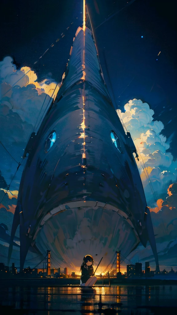 masterpiece, Exquisite detail,Highest quality, One girl, alone, handrail, cloud, Looking up at the buildings,Long Hair, zero, Long sleeve, Power lines, White footwear, Black Hair, View your viewers, Electric pole, bangs, cloudy zero, fish, bird, Green Eyes, Shorts, Day, Black Shirt, barefoot,Whale flying in the sky,Giant whale,night,Star,milky way,night,Pitch black,Buildings,Sitting, High quality anime art style,Standing painting,Splash ink background,Blue Themes,Clear eyes and nose,cute,beautiful