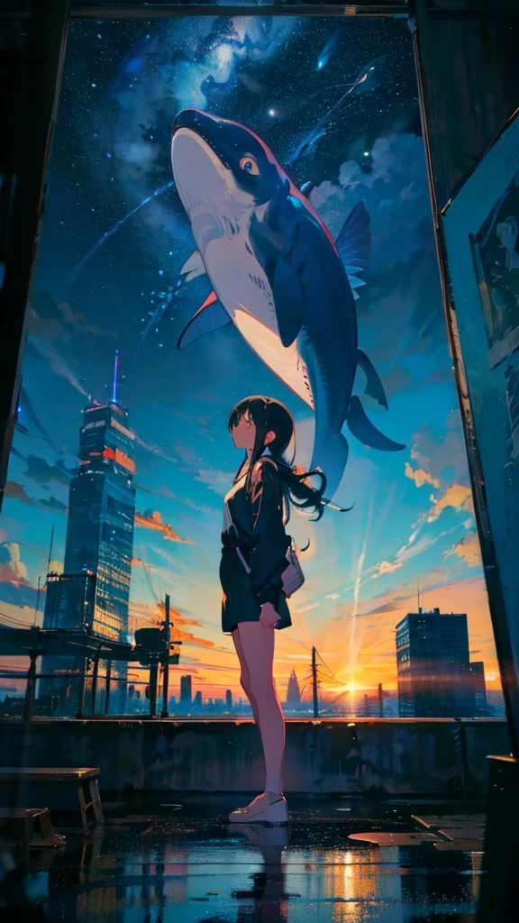 masterpiece, Exquisite detail,Highest quality, One girl, alone, handrail, cloud, Looking up at the buildings,Long Hair, zero, Long sleeve, Power lines, White footwear, Black Hair, View your viewers, Electric pole, bangs, cloudy zero, fish, bird, Green Eyes, Shorts, Day, Black Shirt, barefoot,Whale flying in the sky,Giant whale,night,Star,milky way,night,Pitch black,Buildings,Sitting, High quality anime art style，Standing painting，Splash ink background，Blue Themes,Clear eyes and nose,cute,beautiful