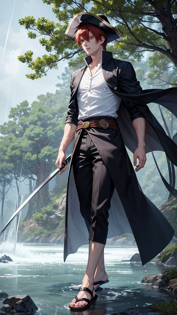 a dashing male anime character with a thin face, handsome, charismatic "shanks" in the "one pice" series wearing a white shirt, short trousers, with a straw hat. as well as three claw scars on the left eye, and holding a pirate katana, and black robes, red hair, gray shorts reaching down to his knees, with HD resolution, 4k anime with a forest and water background, falling rain. wet.