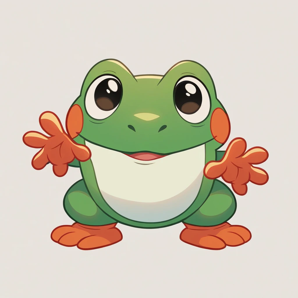 Stylized cartoon mascot, vector flat logo, simple lines, cute cartoon illustration, funny, white backdrop, a frog become a conductor, leading an orchestra, unique ornaments.