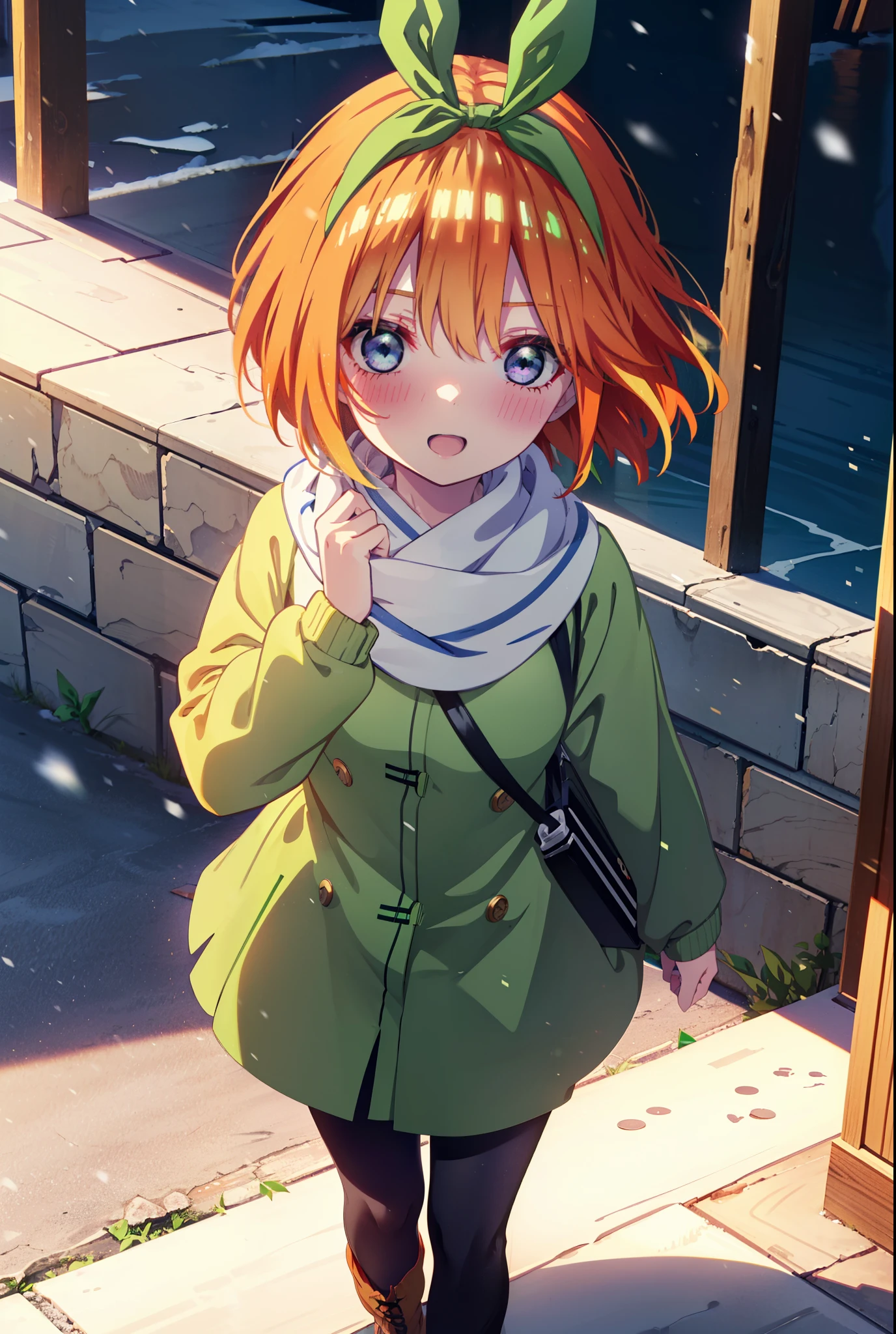 Yotsubanakano, Yotsuba Nakano, bangs, short hair, blue eyes, Hair between the eyes, hair ribbon, hair band, Orange Hair, (Green ribbon:1.5), smile, Hair between the eyes,blush, Open your mouth,White Breath,scarf,Green neck long coat,V-neck sweater,Long skirt,Black Pantyhose,short boots,Standing leaning against a wall,Snow is piling up,that'it's snowing,whole bodyがイラスト入るように,Hiding in a roofed building,
break outdoors, construction area,
break looking at viewer, whole body,
break (masterpiece:1.2), Highest quality, High resolution, unity 8k wallpaper, (shape:0.8), (Beautiful attention to detail:1.6), Highly detailed face, Perfect lighting, Extremely detailed CG, (Perfect hands, Perfect Anatomy),