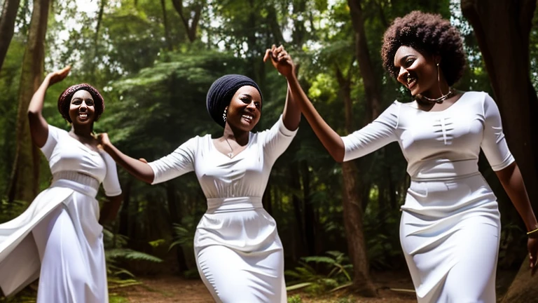 African women dancing in the forest wearing white clothes, African women, white clothes