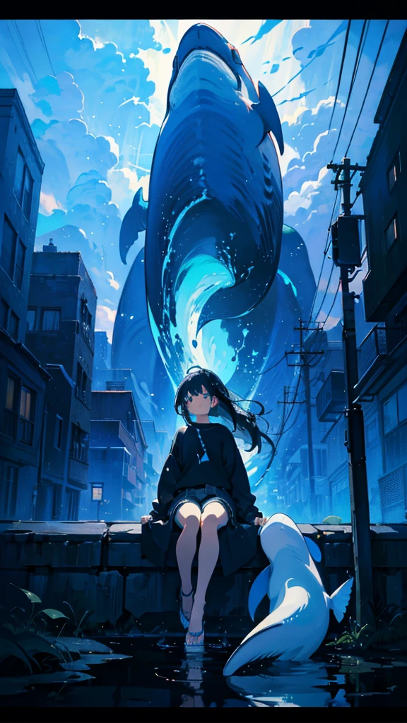 masterpiece, Exquisite detail,Highest quality, One girl, alone, handrail, cloud, Looking up at the buildings,Long Hair, NULL, Long sleeve, Power lines, White footwear, Black Hair, View your viewers, Electric pole, bangs, cloudy NULL, fish, bird, Green Eyes, Shorts, Day, Black Shirt, barefoot,Whale flying in the sky,Giant whale,night,star,milky way,night,Pitch black,Buildings,Sitting, High quality anime art style,Standing painting,Splash ink background,Blue Themes