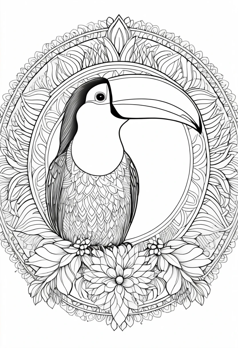 A striking black and white line art coloring page designed for adults with white background, featuring a majestic toucan in a mandala-inspired style. The toucan is adorned with intricate patterns that include floral and geometric designs, making it an engaging and detailed work of art. The illustration focuses on crisp, clean lines and bold outlines, without any shading or color, allowing the user to bring their own vibrancy to the piece. The minimalistic design, with its thick lines and absence of background details, creates a soothing coloring experience for adults seeking calming and creative activities. illustration
