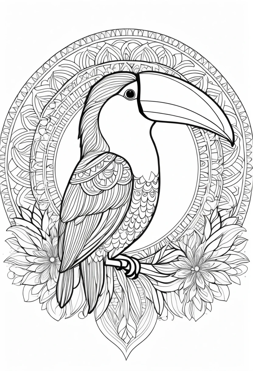 A striking black and white line art coloring page designed for adults with white background, featuring a majestic toucan in a mandala-inspired style. The toucan is adorned with intricate patterns that include floral and geometric designs, making it an engaging and detailed work of art. The illustration focuses on crisp, clean lines and bold outlines, without any shading or color, allowing the user to bring their own vibrancy to the piece. The minimalistic design, with its thick lines and absence of background details, creates a soothing coloring experience for adults seeking calming and creative activities. illustration