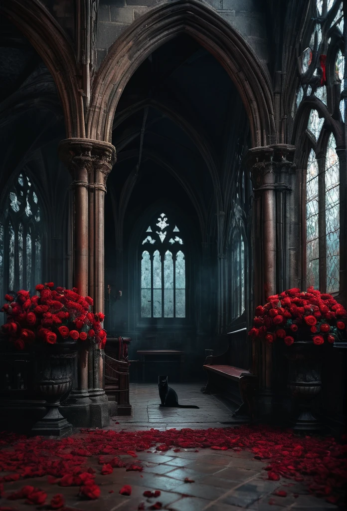 Stable Diffusion prompt: Gothic aesthetic, Gothic style, house design, dark, bats, roses, isolated castle, crows, crosses, blood, black cat, (best quality, 4k, 8k, highres, masterpiece:1.2), ultra-detailed, (realistic, photorealistic, photo-realistic:1.37), HDR, UHD, studio lighting, extreme detail description, professional, vivid colors, bokeh, portraits, architecture, gloomy atmosphere, gloomy sky, misty landscape, stained glass windows, creepy ambiance, dramatic shadows, eerie beauty, haunting presence, ancient tapestries, sinister scenery, hauntingly beautiful, mysterious aura, moonlit night, twisted elegance, captivating darkness, intricate architecture, gothic arches, ghostly figures, hauntingly romantic, Gothic revival, medieval charm, ethereal atmosphere, macabre elements, sinister beauty, Gothic fashion, dark fantasy, elements of decay, surreal imagery, romantic melancholy.