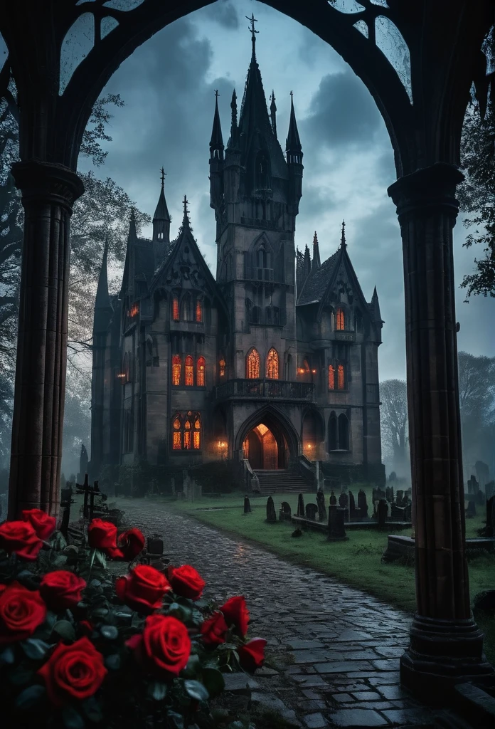 Stable Diffusion prompt: Gothic aesthetic, Gothic style, house design, dark, bats, roses, isolated castle, crows, crosses, blood, black cat, (best quality, 4k, 8k, highres, masterpiece:1.2), ultra-detailed, (realistic, photorealistic, photo-realistic:1.37), HDR, UHD, studio lighting, extreme detail description, professional, vivid colors, bokeh, portraits, architecture, gloomy atmosphere, gloomy sky, misty landscape, stained glass windows, creepy ambiance, dramatic shadows, eerie beauty, haunting presence, ancient tapestries, sinister scenery, hauntingly beautiful, mysterious aura, moonlit night, twisted elegance, captivating darkness, intricate architecture, gothic arches, ghostly figures, hauntingly romantic, Gothic revival, medieval charm, ethereal atmosphere, macabre elements, sinister beauty, Gothic fashion, dark fantasy, elements of decay, surreal imagery, romantic melancholy.