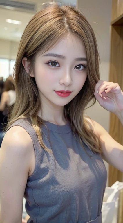 blush a little and smile, (Top quality masterpiece:1.2) Delicate illustrations, Very detailed, /Beautiful Japanese Women、1 person,Very cute and slim、Great style 、((8K images、super high quality))、Very delicate face, Skin and Hair、beautifule forehead、Red lipstick、(((((Mid-length hair、Blonde、lure))))),Very cute Japanese cut face、Eyes and nose are clearly visible、Kind eyes,((((Sleeveless fashion))))