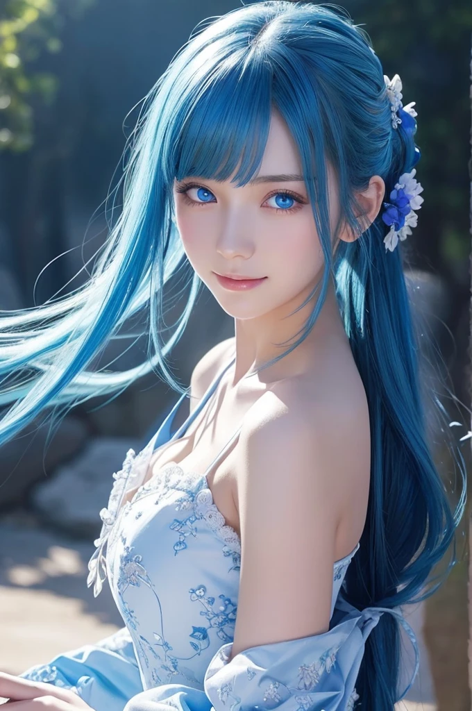 8k,Close-up of a woman in a blue and white dress、Draw your sword,Shiny blue hair, Super Beauty,(Like the real thing)blue eyes,An innocent smile.ponytail,Chengwei Pan at Art Station、 By Yang Jo、 Detailed fantasy art、Amazing character art、 Fan Art Best Art Station、 Gorgeous and detailed character art、 Beautiful Armor、Highly detailed art gems、 Detailed digital animation art、 Art Station pixiv's artgerm、 Girl in armor,Dynamic Angle,Ultra-high resolution,Laugh out loud,Realistic Skin,attractive,Sexy,Active,Rich colors, Backlight, Cinema Lighting, Film Grain, 50mm lens, Nikon D850,Ultra-high resolution,Ultra-realistic,compensate,Super sexy,Big eyes,Beautiful breasts,Dynamic pose,Smiling with teeth showing,(((micro bikini 1.7))) ,(((busty breasts 1.9)))、Seductive pose、(from below:1.3)、upper body、Blonde Long Hair、Ariel、Selfie、(from above:1.2)