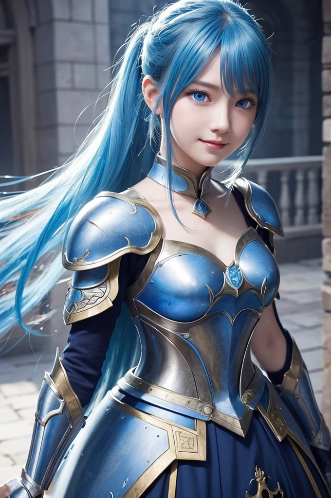 8k,Close-up of a woman in a blue and white dress、Draw your sword,Shiny blue hair, Super Beauty,(Like the real thing)blue eyes,An innocent smile.ponytail,Chengwei Pan at Art Station、 By Yang Jo、 Detailed fantasy art、Amazing character art、 Fan Art Best Art Station、 Gorgeous and detailed character art、 Beautiful Armor、Highly detailed art gems、 Detailed digital animation art、 Art Station pixiv's artgerm、 Girl in armor,Dynamic Angle,Ultra-high resolution,Laugh out loud,Realistic Skin,attractive,Sexy,Active,Rich colors, Backlight, Cinema Lighting, Film Grain, 50mm lens, Nikon D850,Ultra-high resolution,Ultra-realistic,compensate,Super sexy,Big eyes,Beautiful breasts,Dynamic pose,Smiling with teeth showing,(((micro bikini 1.7))) ,(((busty breasts 1.9)))、Seductive pose、(from below:1.3)、upper body、Blonde Long Hair、Ariel、Selfie、(from above:1.2)