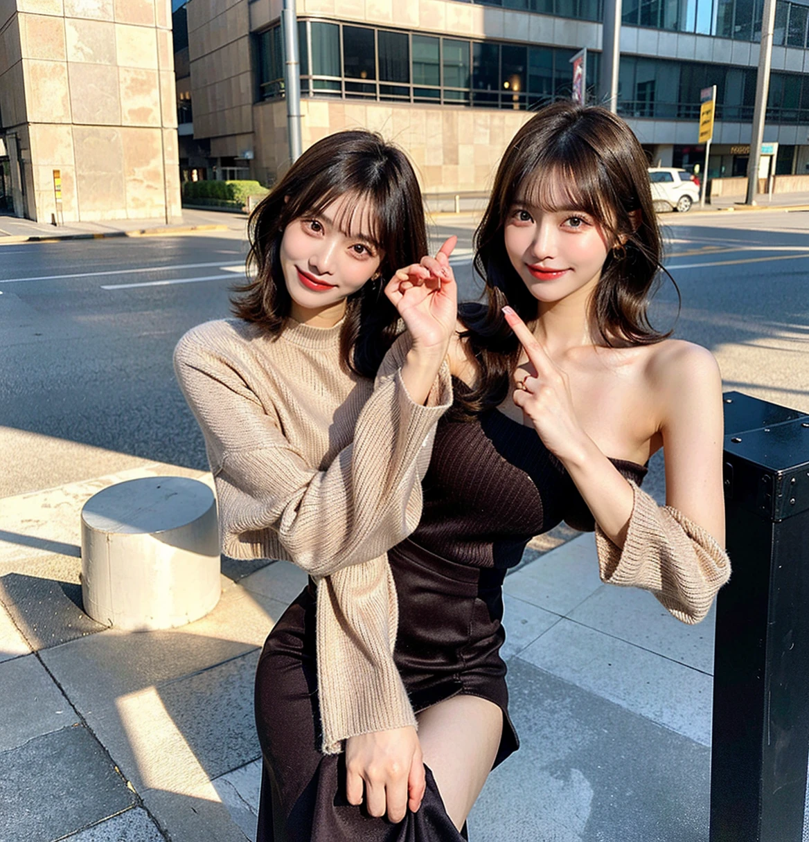 Short Hair, Shiny Hair, brown hair, Bell Sleeve Sweater, Maxi Skirt, Giddy Smile, Full Body Shot, Put Index Finger on Mouth, Street, 