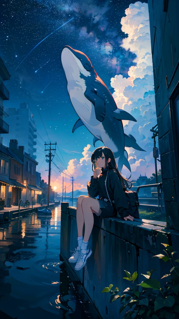 masterpiece, Exquisite detail,Highest quality, One girl, alone, handrail, cloud, Looking up at the buildings,Long Hair, NULL, Long sleeve, Power lines, White footwear, Black Hair, View your viewers, Electric pole, bangs, cloudy NULL, fish, bird, Green Eyes, Shorts, Day, Black Shirt, barefoot,Whale flying in the sky,Giant whale,night,star,milky way,night,Pitch black,Buildings,Sitting
