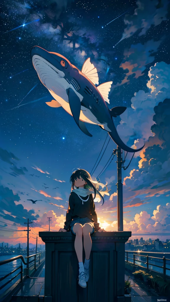 masterpiece, Exquisite detail,Highest quality, One girl, alone, handrail, cloud, Looking up at the buildings,Long Hair, NULL, Long sleeve, Power lines, White footwear, Black Hair, View your viewers, Electric pole, bangs, cloudy NULL, fish, bird, Green Eyes, Shorts, Day, Black Shirt, barefoot,Whale flying in the sky,Giant whale,night,star,milky way,night,Pitch black,Buildings,Sitting