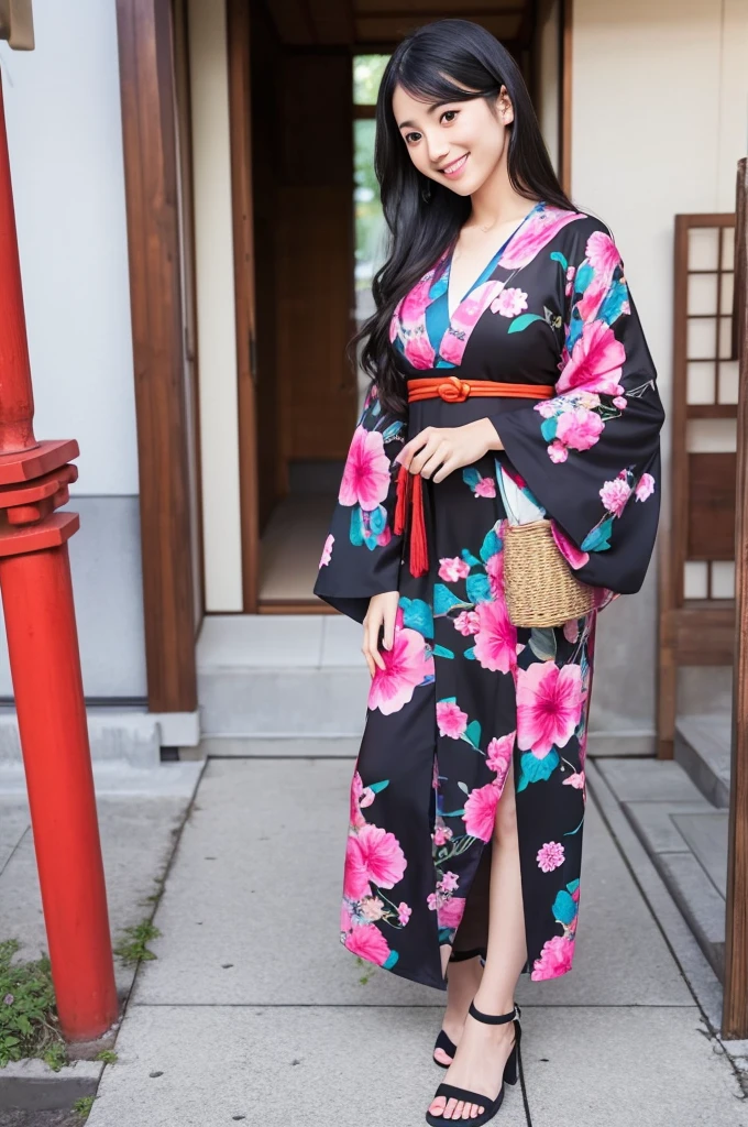 Beautiful Japanese Instagrammer,High Fashion Sense,PHOTO REALISTIC,knee length dress,Colorful casual dress,Long Black Hair,Looking at Camera with Modern Fashion Sense,Smile,Big Breasts,Full Length Pose,japanese KIMONO