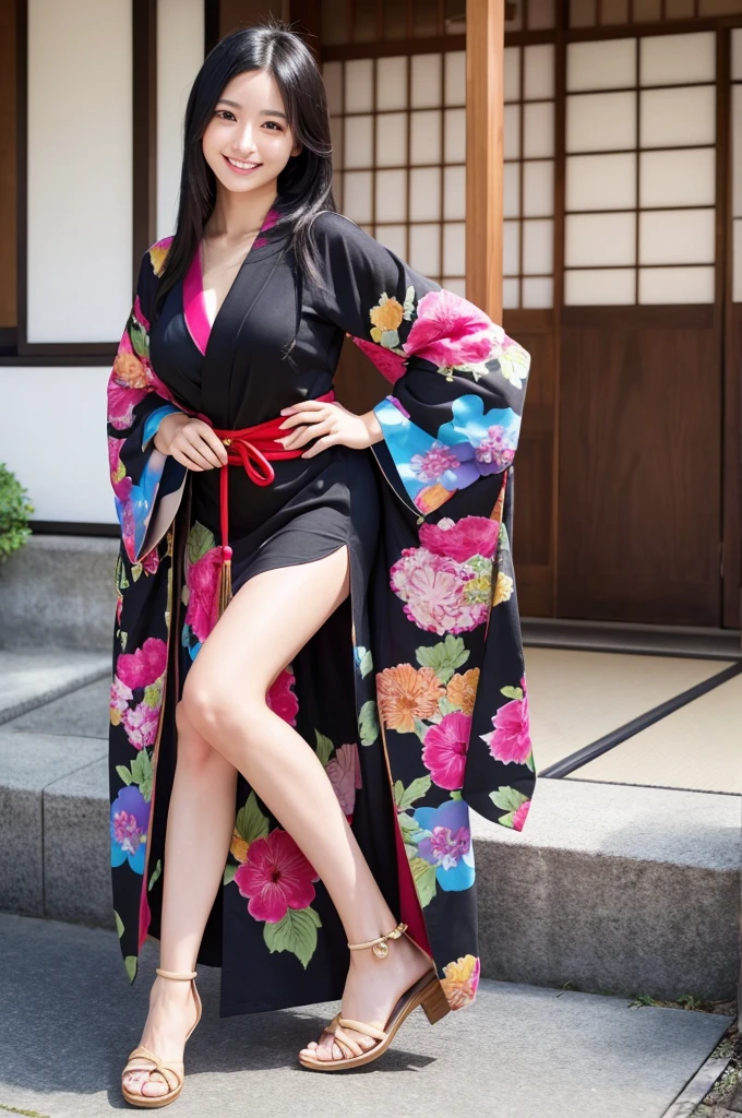 Beautiful Japanese Instagrammer,High Fashion Sense,PHOTO REALISTIC,knee length dress,Colorful casual dress,Long Black Hair,Looking at Camera with Modern Fashion Sense,Smile,Big Breasts,Full Length Pose,japanese KIMONO