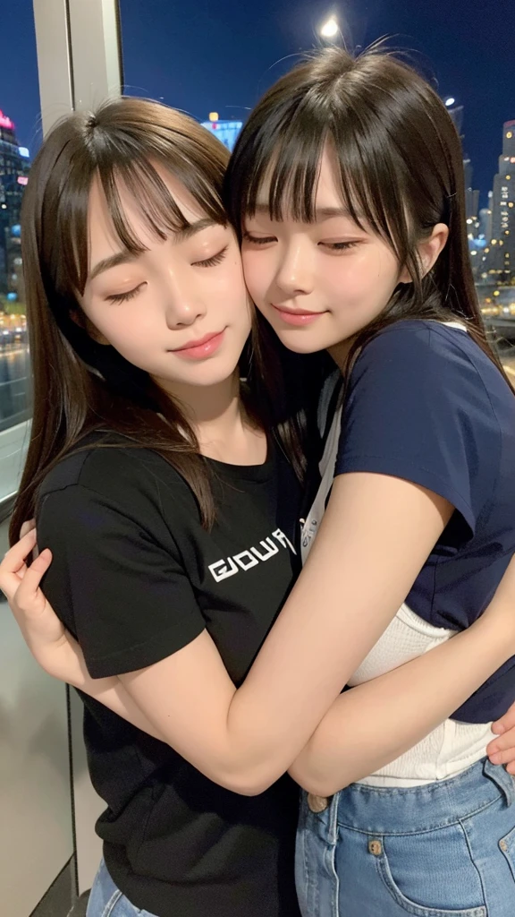 Best quality, high resolution, two girls, heads together, hug, eyes closed, 20 years old, Japanese, beautiful, pretty face, cute face, night cityscape, Short sleeve