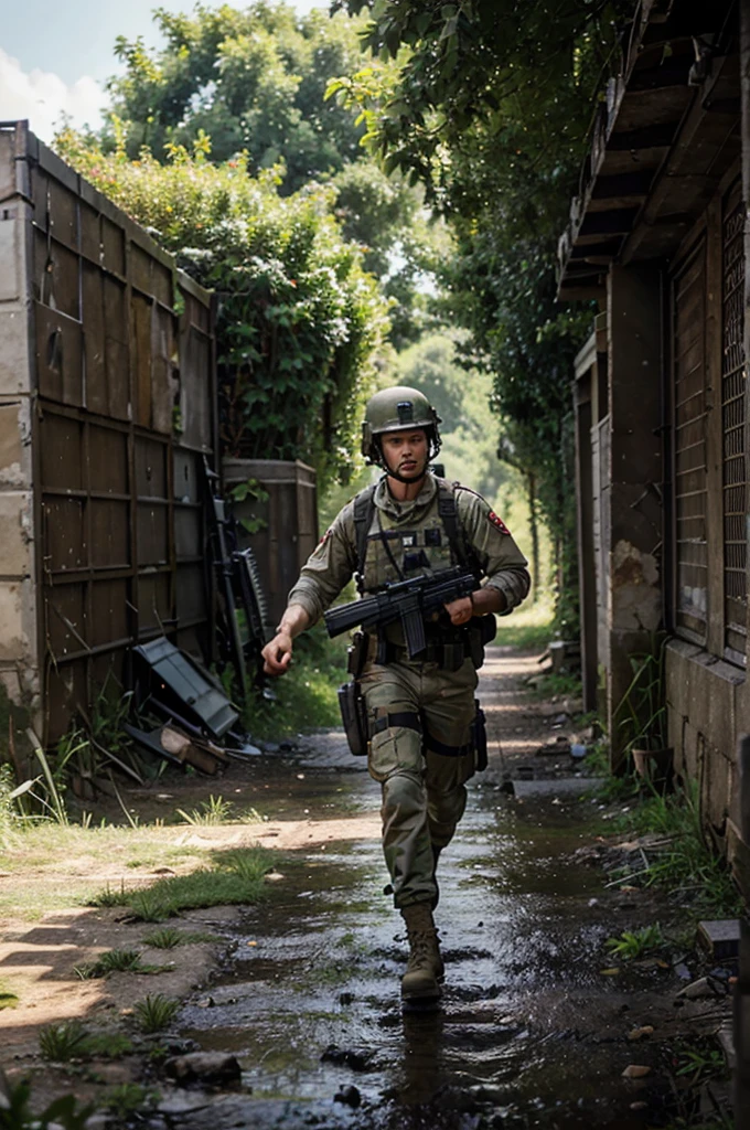 A war game with a very realistic FPS perspective, with an AK47 in your hand, many soldier friends in front of you, in battle, 8k view, wet place, plenty of greenery.