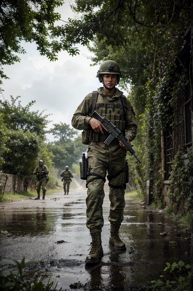 A war game with a very realistic FPS perspective, with an AK47 in your hand, many soldier friends in front of you, in battle, 8k view, wet place, plenty of greenery.