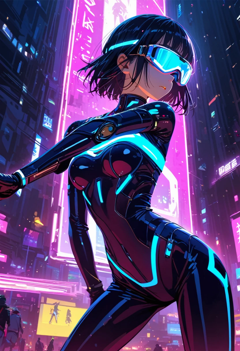 Female Android，Manga style，Ray Tracing，CG，Neon Light,goggles,
