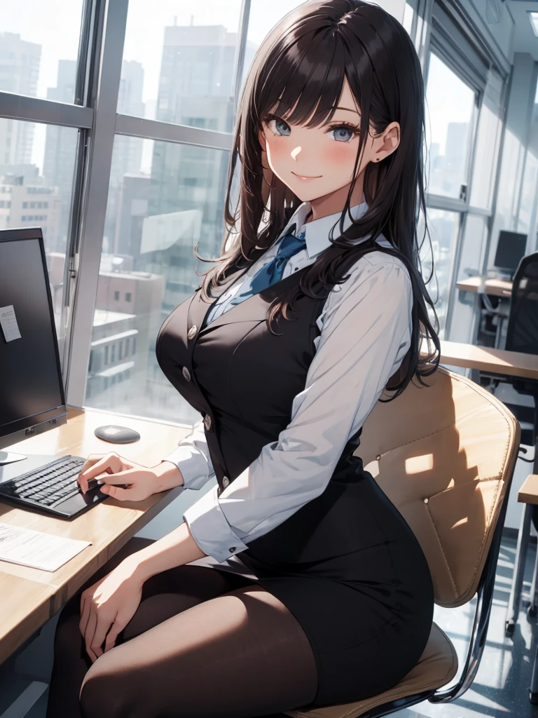 1lady sitting (crossed legs), office worker (stylish outfit), (gray vest) (pencil skirt), mature female, /(dark brown hair/) bangs, blush kind smile, (masterpiece best quality:1.2) delicate illustration ultra-detailed, large breasts, pantyhose BREAK (modern office indoors), window cityscape, detailed background